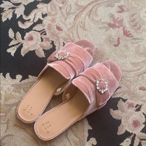 Blush mules with rhinestone buckle
